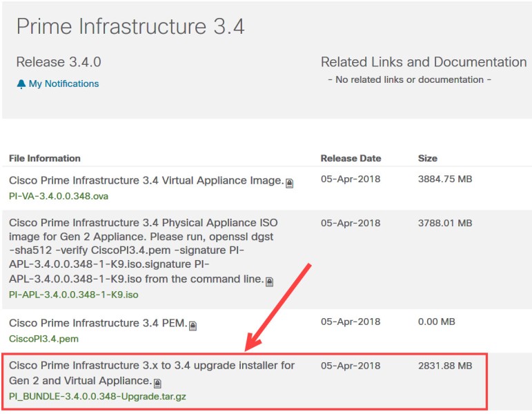 Cisco.com - fichier de mise à jour vers Prime Infrastructure 3.4